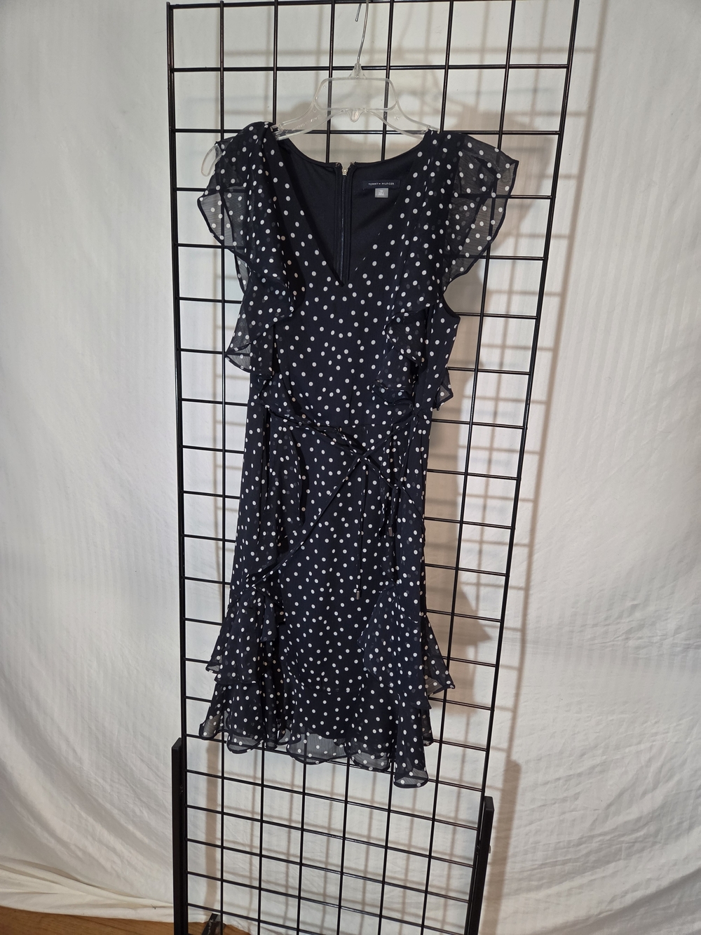 Tommy Hilfiger Navy and White Polka Dot Ruffle Wrap Midi Dress